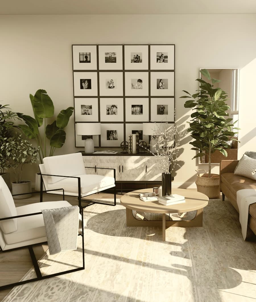 Living room hung with a salon wall of framed prints