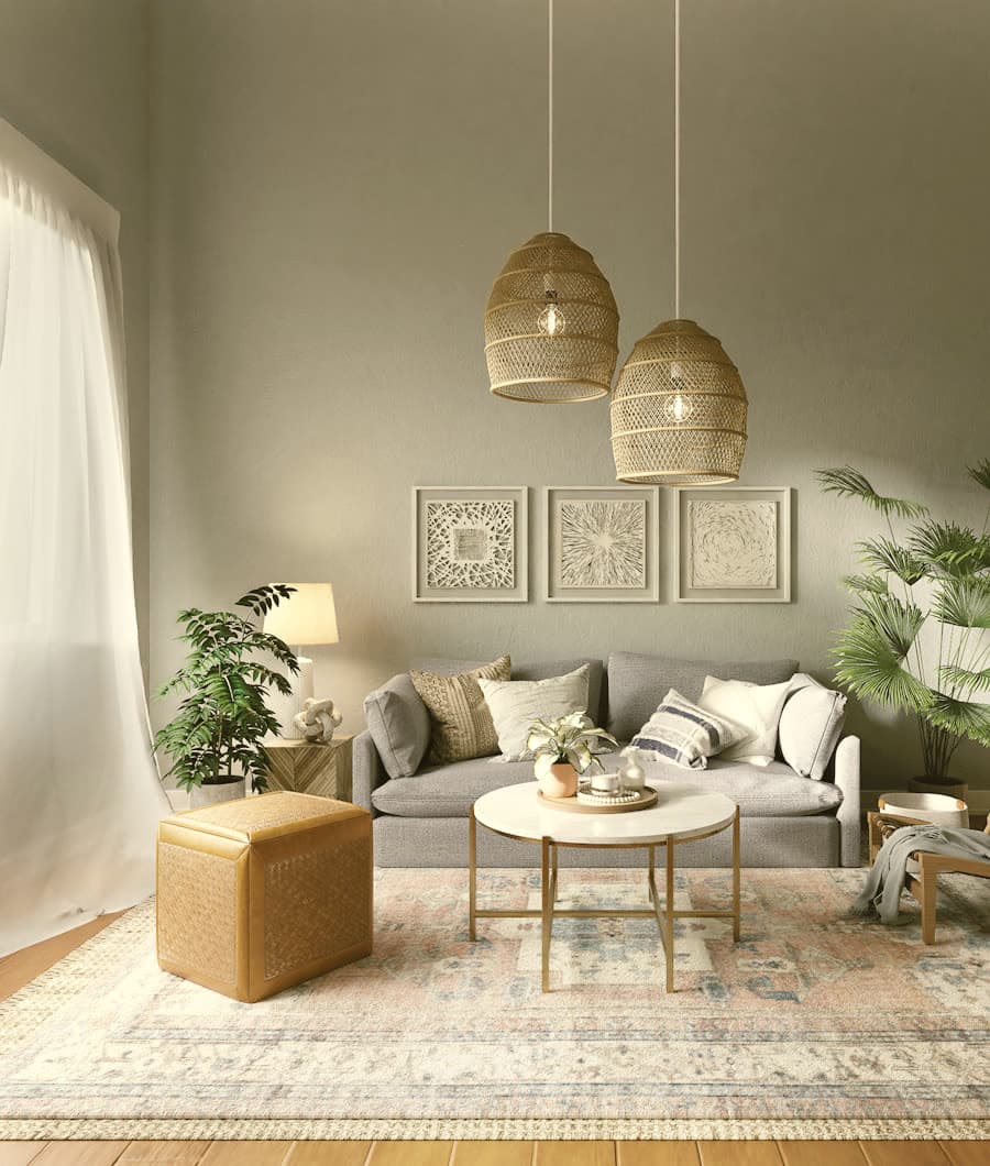 Sitting room under woven rattan pendants