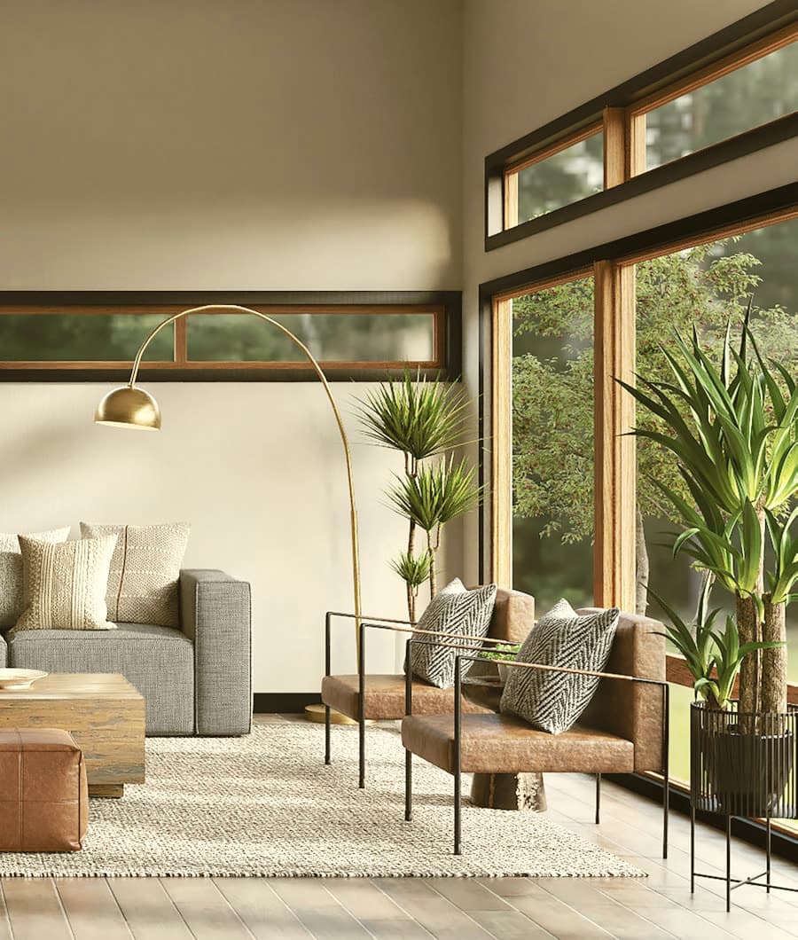 Corner lounge opening onto a planted courtyard